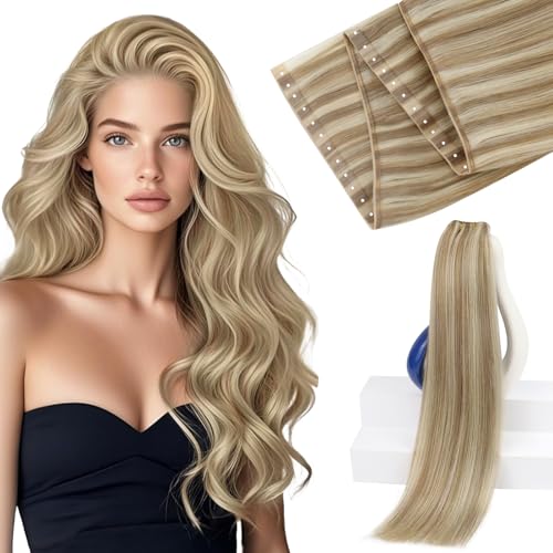 Sunny Hair Butterfly Weft Hair Extensions Human Hair 80G OVO Micro Bead Dark Honey Blonde Highlights Medium Blonde Invisible PU Hole Weft Soft Silky for Party 16 Inch