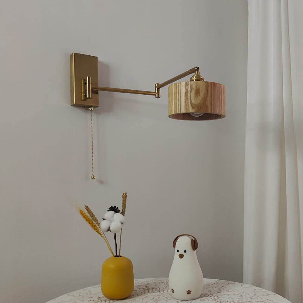 OJT Applique moderne en laiton avec interrupteur, appliques murales lampe de chevet lampe de lecture à bras long réglable, abat-jour en bois, appliques murales d'intérieur E27 pour salon hall chambre