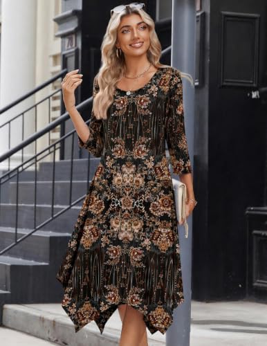 Image of Zeagoo Midi Dresses Women 2026 Dress 3 /4 Sleeve Casual Dresses with Pockets A Line Summer Beach Sundress