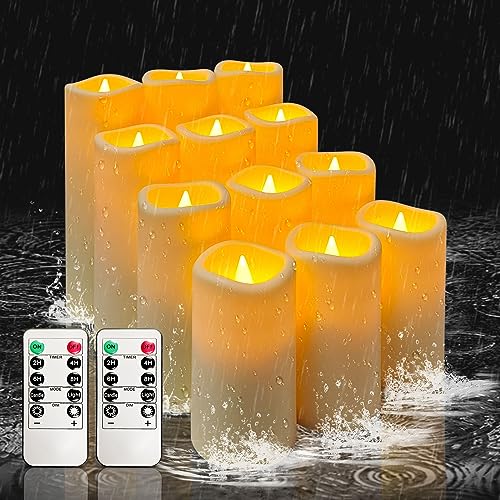Image of YIWER Waterproof Outdoor Flameless Candle, 12 Pcs Plastic Candles Pillars, 4 inch 5 inch 6 inch 7 inch LED Candles and 10-Key Remote Control with 2 /4 /6 /8-hours Timer Function,300+ Hours (12, Ivory)