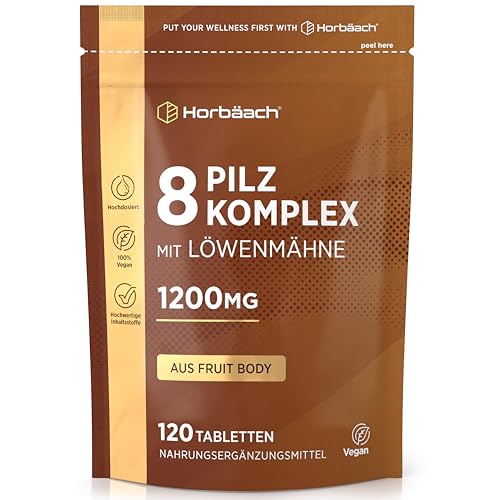 Pilz Komplex 1200mg mit 8 Pilzsorten - Lions Mane, Cordyceps, Chaga, Shiitake, Reishi, Maitake, Shaggy Mane & Oyster | 120 Pulver Tabletten | Vegane | von Horbaach