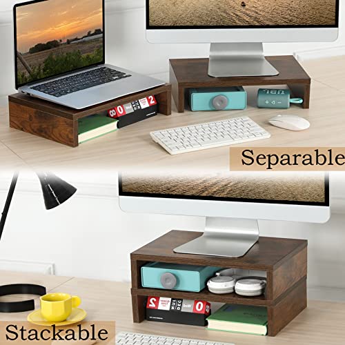 TEAMIX Monitor Stand Riser-2 Pack, Rustic Brown Wood Adjustable Monitor Stand Dual Monitor Riser for 2 Monitors/Laptop/PC Computer Stand for Desk - Thumbnail 2