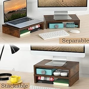 Teamix monitor stand riser 2 pack rustic brown wood adjustable monitor stand dual monitor riser for 2 monitorslaptoppc computer stand for desk  urban country home decor