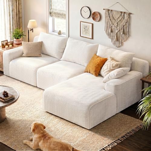 Homkdom L-Shaped Cloud Boneless Couch with Deep Seat, Modular Sectional Sofa with Oversized Chaise, 6 Layouts Combination for Living Room, Apartment, No Assembly (White, Right Chaise)