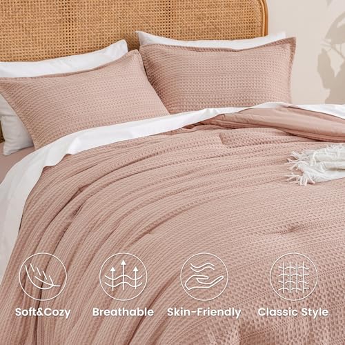 Image of PHF Soft Waffle Comforter Set Queen Size- Comfy Breathable Waffle Weave Comforter with 2 Pillow Shams, 3 Pieces Less Snagging Lightweight Textured Bedding Set for All Season, Rose Pink