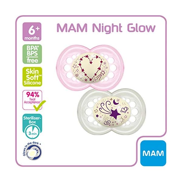 MAM Night Soothers 6+ Months (Pack of 2), Glow in the Dark Baby Soothers with Self Sterilising Travel Case, Newborn… – Bild 3