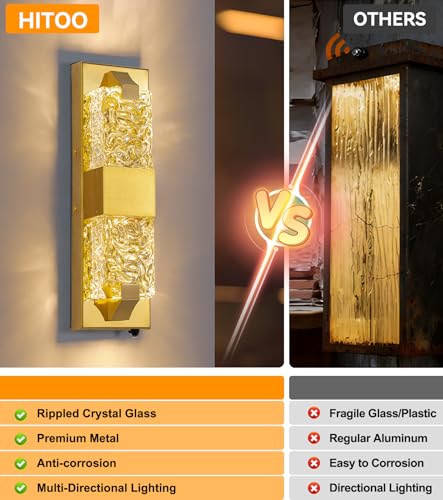 Image of 15.3 inch Dusk to Dawn Outdoor Wall Light 12W LED Gold 1-Pack | IP65 Waterproof, Ripple Crystal, Hardwired Modern Exterior Sconce, Auto On /Off, for Porch Patio Hallway Entryway House
