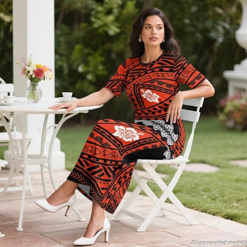 Image of Polynesian Dress for Women Short Sleeve High Waist Maxi Skirt | Puletasi dress, t-shirt and skirt two-piece, elastic material, lightweight, soft, plus size, luau party, wedding, clubwear