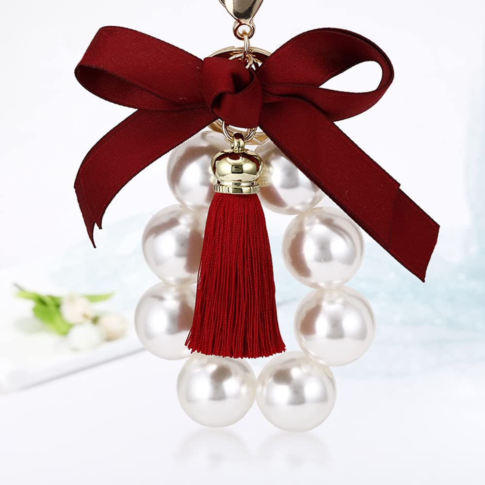 Parelhanger sleutelhanger met kwasten en strik, dames autosleutelhanger, sleutelhanger, accessoire voor autodecoratie, tas, rugzakken, handtas, wijnrood