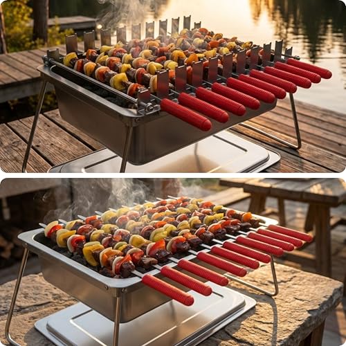𝗖𝗵𝗮𝗿𝗰𝗼𝗮𝗹 𝗞𝗮𝗯𝗼𝗯 𝗚𝗿𝗶𝗹𝗹 by 𝗡𝗼𝗿𝘁𝗵 𝗚𝗿𝗶𝗹𝗹𝘀: precise heat control, silicone-handle square & flat skewers, charcoal starter tool​, tongs, BBQ gloves, and storage & travel bags.
