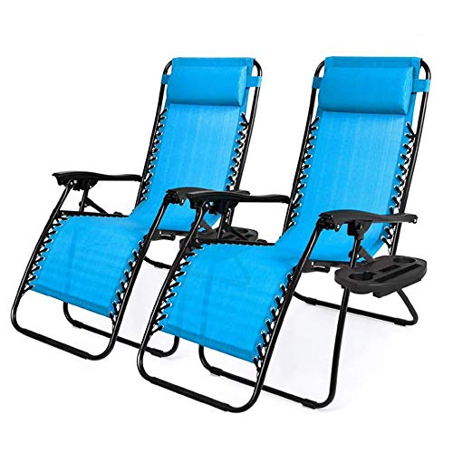 RICA-J Zero Gravity Chair, Adjustable Patio Lounge Recliners Folding Zero Gravity Patio Lounge Chair Sun Pool Lawn Chaise with Pillows and Cup Holder Trays for Pool Outdoor Yard Beach (2, Blue)