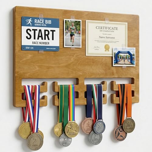 Generisch Medaillenhalter Holz | Medaillen Aufbewahrung & Medaillen Aufhänger mit Klemm-Clips für Urkunden/Fotos | für Laufen Triathlon Schwimmen & Fußball | 39x29 cm | 18 mm stark | Medal Holder