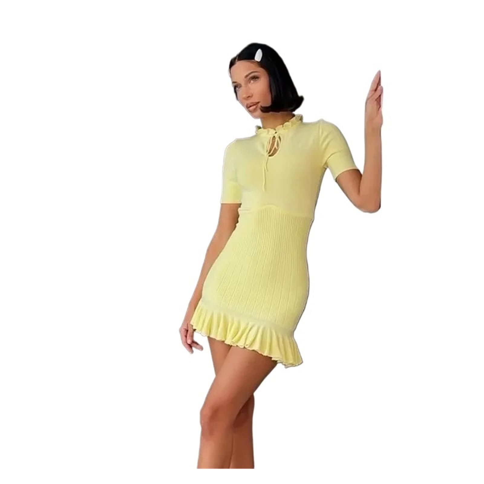 Vestido Deportivo Vestido Mini de Punto con Volantes for Mujer, Vestido Verano Encaje, Cintura Alta y Manga Corta Vestido Padel Mujer(Yellow,L)