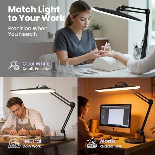 Image of Neatfi XL 2200 Lumens 20W LED Desk Lamp with Clamp - Adjustable Color Temperature | 4-Level Dimmable Light | Home Office, Crafts & Workbench | 20-Inch Wide Head (Black, CCT with Base)