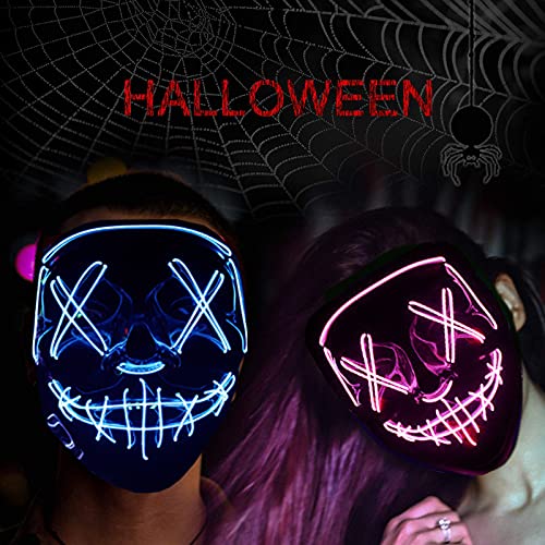 2 Pack Halloween Scary Mask LED Light Up Mask El Wire Mask for Halloween Festival Party Cosplay Costume Party (Blue+Pink)