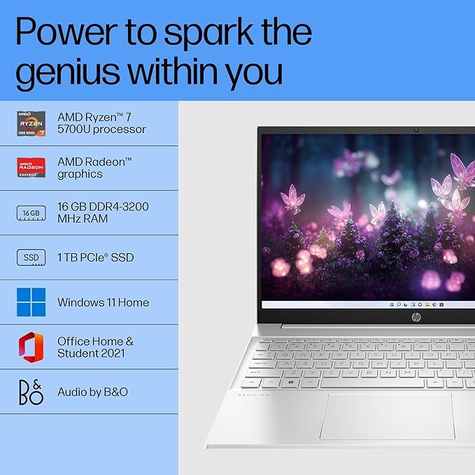 Image of HP Pavilion 15, AMD Ryzen 7 5700U, 15.6-inch (39.6 cm), FHD, 16GB DDR4, 1TB SSD, AMD Radeon Graphics, FPR, 720p HD Camera, Backlit KB, Audio by B&O (Win 11, MSO 2021, Silver, 1.75 kg), eh1147AU