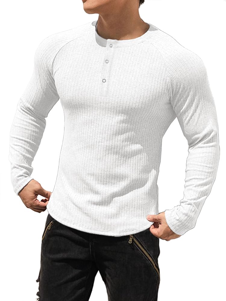 Muhshoiy Men's Cotton Muscle Henley Shirts Slim Fit Long & Short Sleeve T-Shirt Stretchy Casual Stylish Ribbed Tee