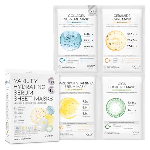 Image of #OOTD Korean Sheet Mask Skincare for Dry Sensitive Skin, Hydrating, Calming & Refreshing Facial Masks with Collagen, Ceramide, Cica, Vitamin C (12-Count)
