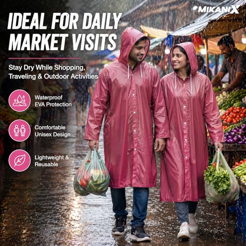 Image of MIKANIX Waterproof Hooded Raincoat for Men & Women | Full Length Reusable PVC Rain Wear | Lightweight Windproof Rain Jacket with Front Button Closure (Pack of 1)