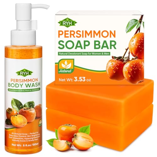 2 PCS Persimmon Soap Bar and Persimmon Body Wash for Body Odor Control, Natural Deodorant Soap for Old People Smell, Remove Body Odor Shower Gel, Persimmon Bath Soap for Women & Men