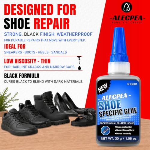 Image of ALECPEA Black Shoe Glue for Sole Repair, Thin Adhesive, 30g with 3 Tips | Fast-Setting Flexible Waterproof Black Shoe Repair Glue For Sneakers, Boots, Leather, Rubber, EVA, Mesh, PU And PVC