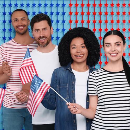 Image of Tingjoo 3 Pack 4th of July Decorations 3.3 x 6.6 ft Patriotic Star Streamers Red Blue and Silver Tinsel Foil Fringe Curtains Decorations Backdrop for Independence Day America Memorial Day Labor