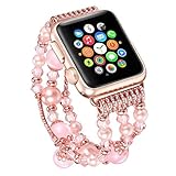 Apple Watch Band, Bling Pink Beaded Faux Pearl Strap Replacement iWatch Strap Women for Iwatch Series 2 Series 1 Sports Edition (Pink - 38mm)