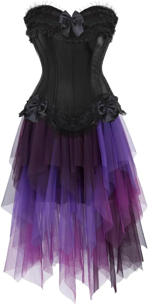 Jutrisujo Corset Dress Women Multi Layer Skirt Tulle Lace 2 PCS Plus Size Vintage Costume Renissance
