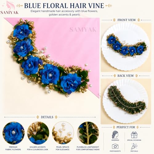 Image of Samyak Beautiful Hair Gajra Garland Handmade Floral Wedding Bridal Bridesmaid Hair Jewellery Bun | Juda Accessory | Tiara | Hair Vine | Hair Accessory | Hair Pin Clips Veni (Dark Blue)