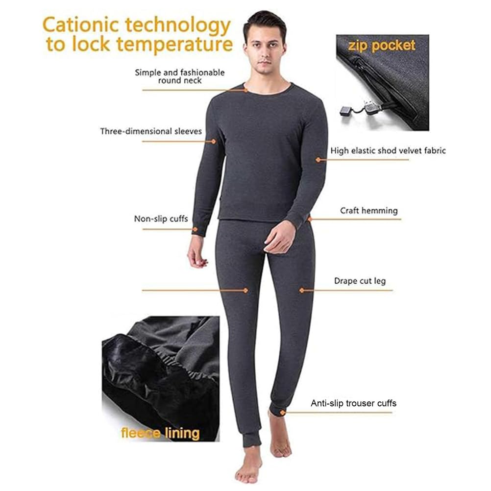 Completo Intimo Termico Riscaldato per Uomo e Donna, Strato Base Morbido e Caldo con Ricarica USB Unisex, Maglia e Pantaloni Termici Riscaldati,M