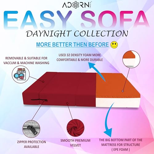 Image of Adorn India Easy 3 Seater Sofa Cum Bed | Velvet Fabric | Red | Plain Design | 6x5 Ft | Comfortable Seating | Washable Cover | Perfect for Home & Office