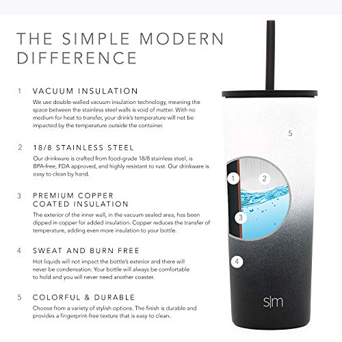 Simple Modern Classic Insulated Tumbler with Straw and Flip or Clear Lid Stainless Steel Water Bottle Iced Coffee Travel Mug Cup, 24oz Lid & Flip, Ombre: Tuxedo