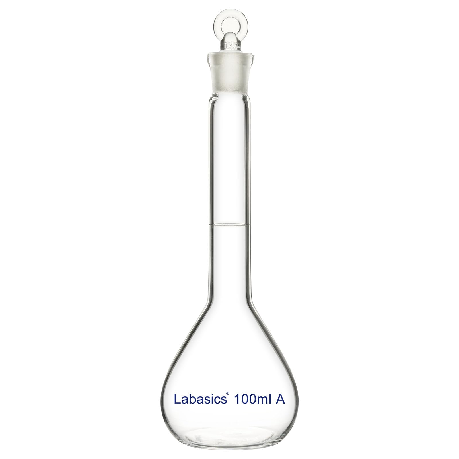 Labasics Matraz Aforado 100 ml Vidrio Borosilicato Clase A Tapón Vidrio Transparente para Laboratorio Químico Analítico