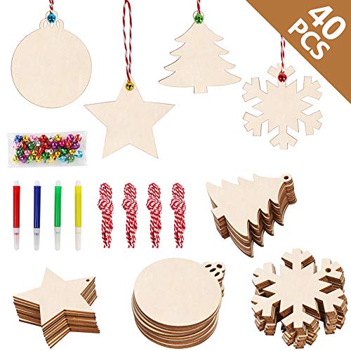 OurWarm 40pcs Wooden Christmas Ornaments Unfinished Wood Slices with Holes for Kids DIY
