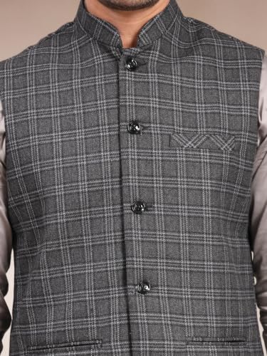Image of Vastraa Fusion Men's Traditional Woolen Nehru Jacket Modi Waistcoat (VS4423-BLACK CHECK-2-)