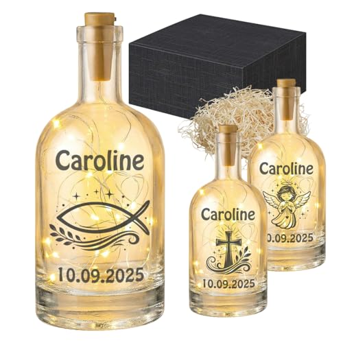 Personalisiertes Flaschenlicht mit Gravur & LED Lichterkette - Geschenk zur Taufe Kommunion Konfirmation Firmung & Jugendweihe - Dekoflasche aus Glas mit Name Datum & Symbol - 21 5 cm
