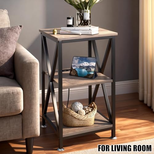 Image of Square End Table with Charging Station, 3-Tier End Table Living Room, 16 inch D X 16 inch W X 28 inch H, Wood and Metal Table with USB Ports and Outlets, Side Table with Wheels for Living Room, Bedroom, Grey
