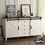 GlouMod Rustic Farmhouse Dresser for Bedroom, 59.84' Wide Bedroom Dressers with Sliding Barn Door & Adjustable Shelves, White Chests of 4 Drawers for Hallway, Room Wood Dresser TV Stand ﻿