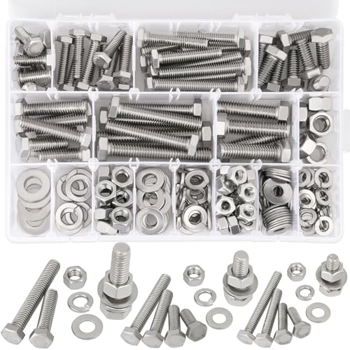 Hakkin 240Pcs Hex Bolts and Nuts Kit Stainless Steel Spring Washers Assortment Kit, 1/4" 5/16", 3/8" 10 SAE Sizes Machine Screws Set with Storage Case
