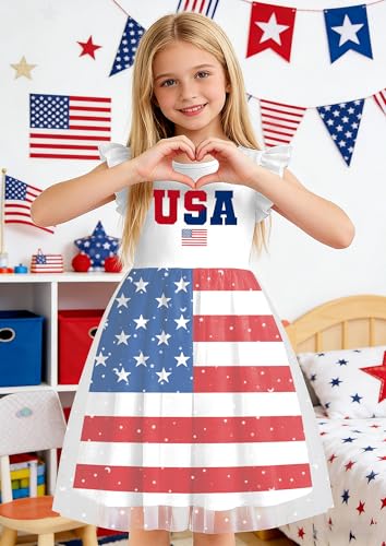 Image of Girls 4th of July Dress American Patriotic Outfit USA Independence Day Clothes Flutter Sleeve Tulle Tutu Dress 5-14y