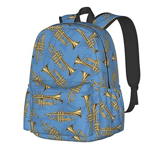 Rqzwdq Golden Trombones Of Music Notes Pattern Backpack Adjustable Casual Daypack Rucksack Travel Bags Bookbag For Women Men Adult 17 Inches