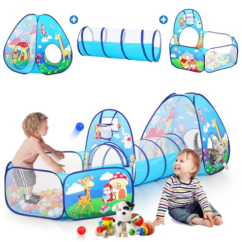Image of PigPigPen 3 in 1 Kids Play Tent with Tunnel and Ball Pit for Boys Girls, Toddler Pop Up Playhouse Toy for Indoor Outdoor (Jungle 3pc Play Tent)