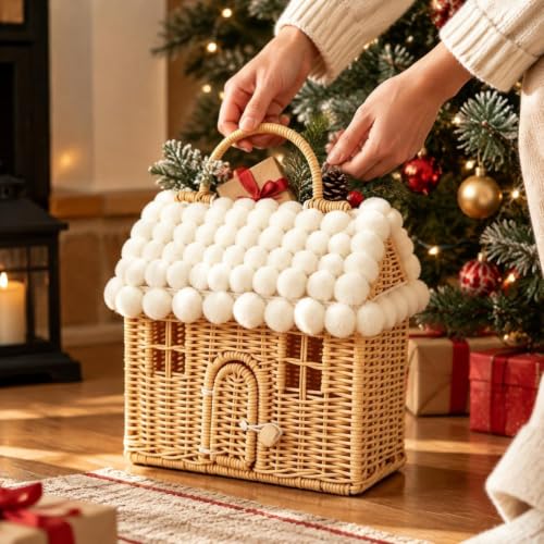 Winter Cottage Shaped Christams Decorative Basket W/Fluffy Balls Roof - image 1