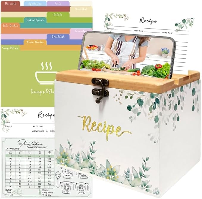 Pasdrucn recipe cards and box set, Wooden Recipe Box with 100 4x6 in Cards and 12 Dividers & Acrylic Holder, Built-In Recipe Holder Slot, Farmhouse Wood Recipe Card Organiser for Kitchen Countertop