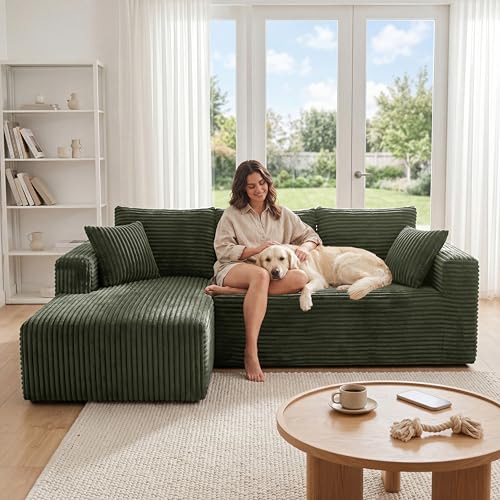 Image of 92.5 inch Boneless Couches for Living Room, L-Shaped Cloud Couch with Deep Seat & Chaise, Corduroy Modular Sectional Sofas for Living Room, No Need Assembly - Green(Left Facing Chaise)