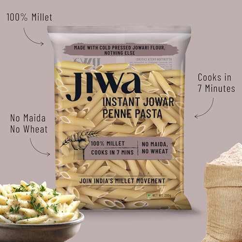 Image of Jiwa Instant Jowar Penne Pasta | Cooks in 7 minutes | Ready to Cook | 100% Millet | No Maida, No Atta | Gluten Free | 200 g (Pack of 3)