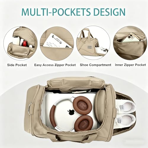 Image of Gym Bag for Men & Women - 30L Duffel Bag with Shoe Compartment, Weekender Water Resistant Duffle Bag for Travel, Sports, Fitness & Workouts, Khaki