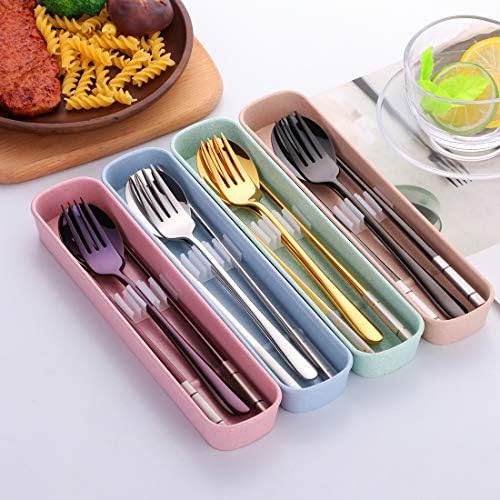 SBOMHS Outdoor Cutlery Set with Portable Case, Chinese Chopsticks Spoon Fork, Use for School Home Office Camping Travel