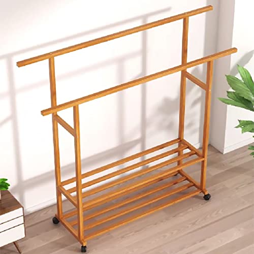 Image of Naayaab Craft Bamboo Free Standing Clothes Rail, Multifunctional Stand Rack, Wooden Coat Hanger With Dual Layer for Coat, Jacket, Umbrella, Clothes, Hats, Scarf, Handbags (Size-100x42x150cm)