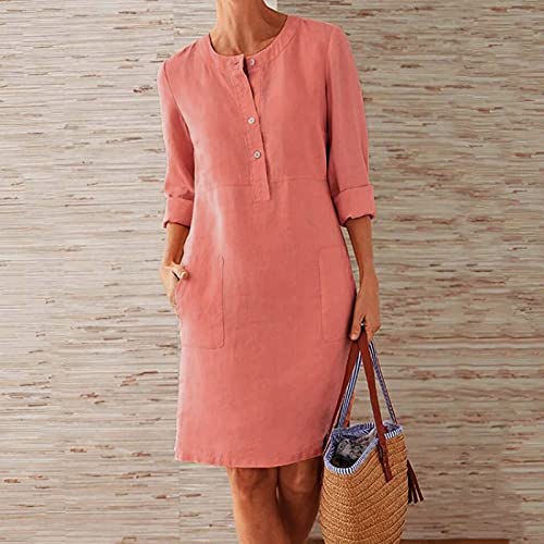 Boho Dress For Women Plus Size Cotton Linen Mini Dress Button Up Solid Party Dress Casual Fitted Long Skirt With Pocket #TOP1